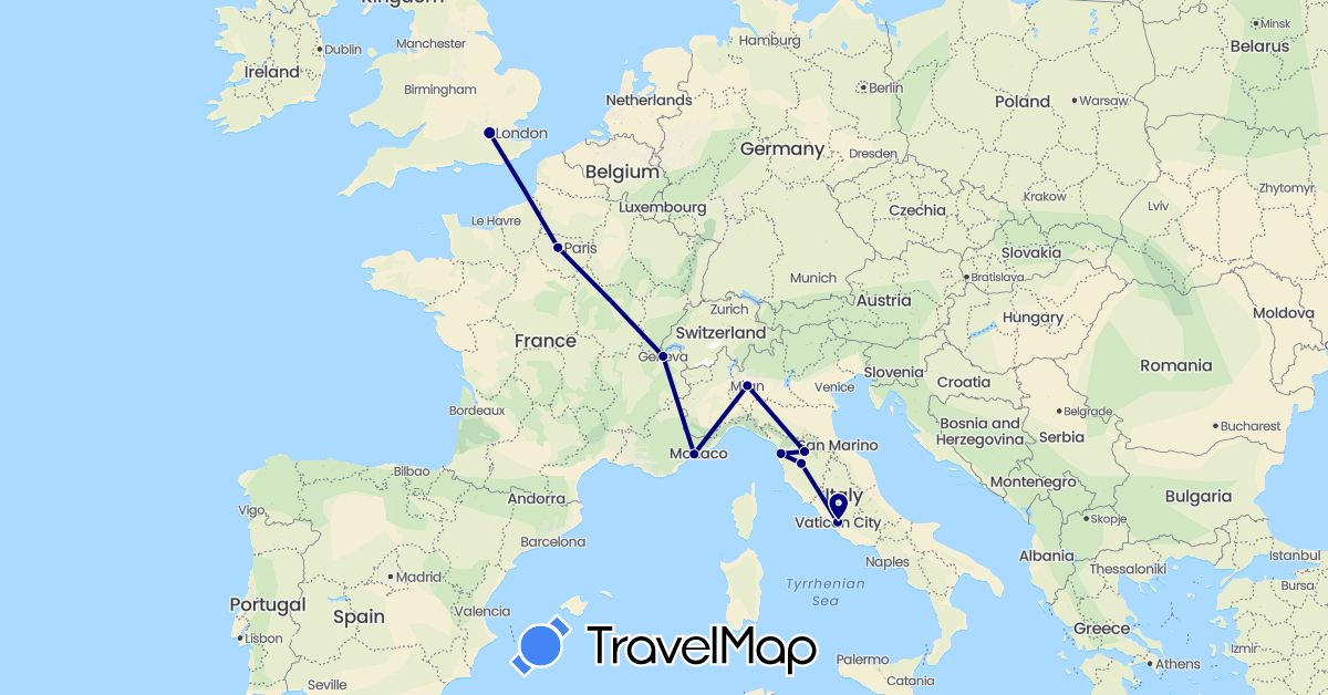 TravelMap itinerary: driving in Switzerland, France, United Kingdom, Italy, Vatican City (Europe)